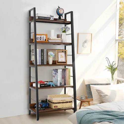 Vista 19 de BATHWA Estantería para libros de 5 niveles, estantería industrial rústica de madera de metal, marrón oscuro de 28 pulgadas de ancho y 59 pulgadas