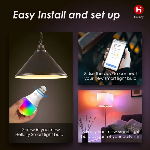 Vista 6 de Helloify Bombilla LED inteligente A19, WiFi compatible con Alexa Google Home, cambio de color RGBCW, blanco cálido frío, regulable, no requiere