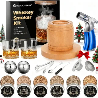 Kit de ahumador de whisky con antorcha, kit de ahumador de cóctel a la antigua moda con chips de madera de 6 sabores, 2 bolas de hielo de acero