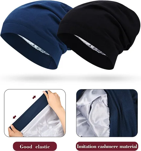 Vista 35 de 4 Pieces Satin Lined Beanie Cap Satin Sleep Lined Hat Slouchy Beanie Hat Night Silk Hair Cap for Women Men