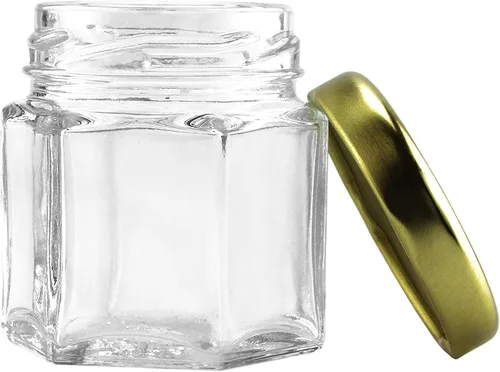 Vista 5 de Cornucopia - Mini tarros hexagonales de vidrio (1.5 onzas, paquete de 48 unidades), pequeños tarros hexagonales con tapas doradas para especias