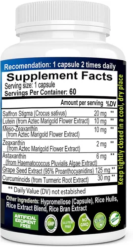 Vista 6 de Suplemento ocular Astaxantina, azafrán, luteína, zeaxantina Apoya la salud general de los ojos, 60 cápsulas