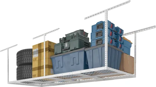 Vista 15 de FLEXIMOUNTS Estante de almacenamiento de techo de garaje de 3x8, sistema de organización de garaje ajustable, metal resistente, capacidad