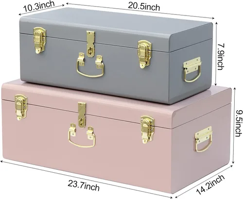 Vista 30 de Vixdonos Juego de 2 baúles decorativos de almacenamiento de caja de metal con asa (blanco con cierres de bronce)