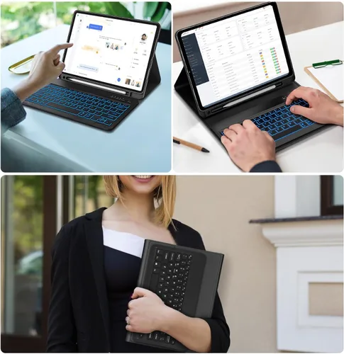 Vista 7 de FARYODI Funda para iPad Pro 12.9 con teclado Inalámbrico desmontable, retroiluminación de 7 colores, soporte para lápices, parte trasera de TPU