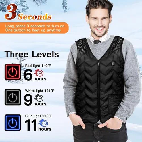 Vista 2 de Chaleco térmico para hombres y mujeres, con carga USB, tamaño ajustable para cazasenderismo, chalecos cálidos de invierno, Negro
