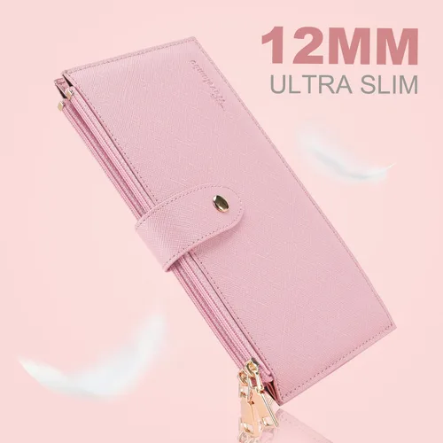 Vista 9 de Travelambo Billetera para mujer con bloqueo RFID plegable para múltiples tarjetas con bolsillo con cremallera, rosado (Pink Sakura), Minimalista