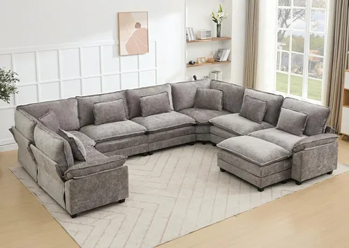 Vista 59 de Juego de sofá seccional modular de gran tamaño, sofá de nube convertible de asiento profundo, sofá esquinero grande en forma de L con cojines Beige