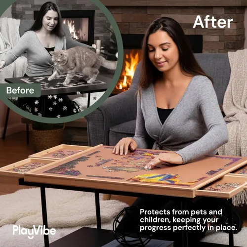 Vista 6 de PLAYVIBE Tablero giratorio para rompecabezas – 1500 piezas, 26 x 35 pulgadas – Sistema de almacenamiento de 6 cajones y mesa de rompecabezas