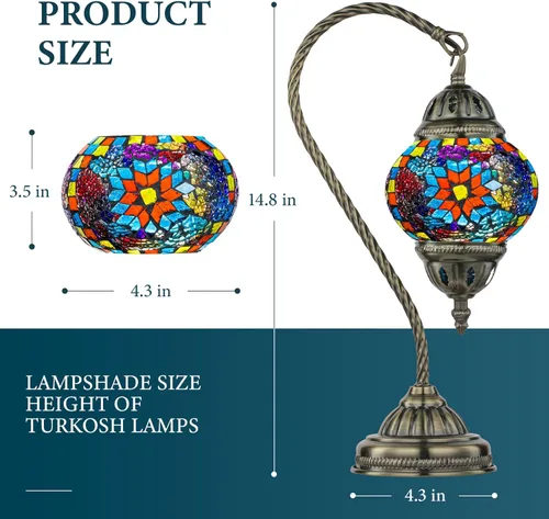 Vista 3 de Marrakech Lámpara de mesa estilo Tiffany, con mosaico turco marroquí hecho a mano, con base de bronce y cuello de cisne, bombilla LED incluida