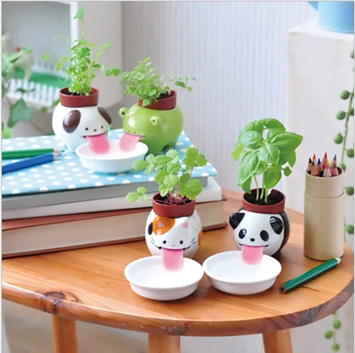 Vista 7 de Mini macetas de riego automático para suculentas, 1 paquete de maceta de cerámica animal con lengüeta y orificio de drenaje, maceta creativa