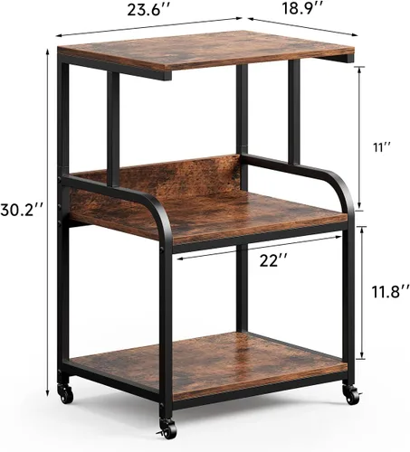 Vista 5 de Soporte de impresora de 3 niveles con ruedas, carrito de impresora con estante de almacenamiento, mesa de impresora, carrito de almacenamiento