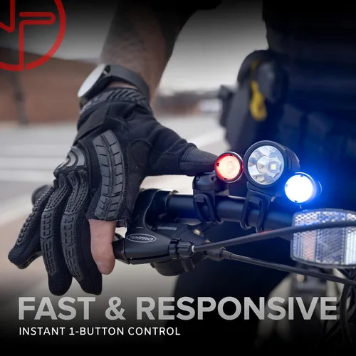 Vista 4 de PS1200 Luz delantera y OPTIKS 210 trasera para bicicleta de policía, luz estroboscópica roja/azul, recargable, resistente al agua, 5 modos