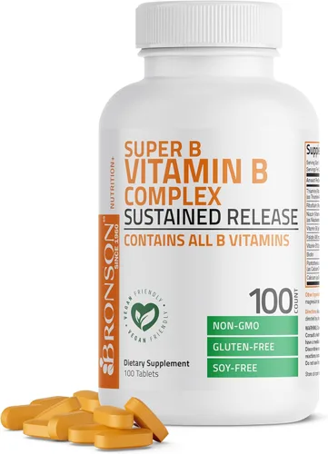 Vista 13 de Bronson Complejo de vitamina B Super B de liberación lenta sostenida (vitamina B1, B2, B3, B6, B9 - ácido fólico, B12) contiene todas las vitaminas