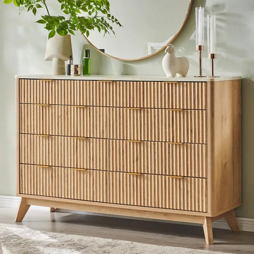 Vista 20 de T4TREAM Cómoda acanalada de 3 cajones, cómoda moderna de 32 pulgadas de alto, diseño de perfil curvo, organizador de cajones de madera para Aliso