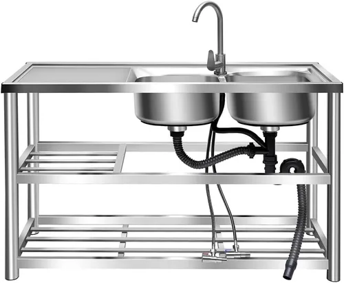 Fregadero de acero inoxidable 304 para preparación y uso general, fregadero al aire libre, fregadero de cocina comercial de doble tazón, 2 Cuenco