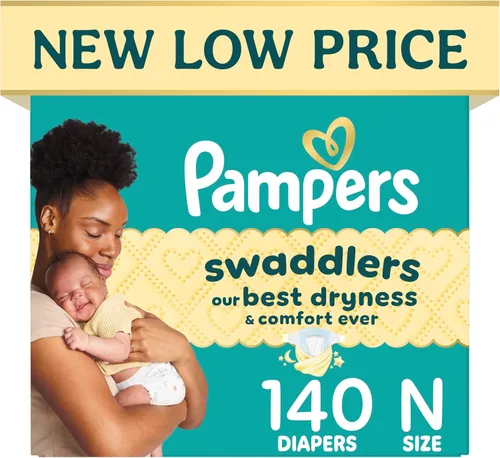 Pampers Pañales Swaddlers, talla 0 (hasta 10 libras), 140 unidades, absorbentes, mantiene al bebé seco y cómodo, pañal desechable seguro para la