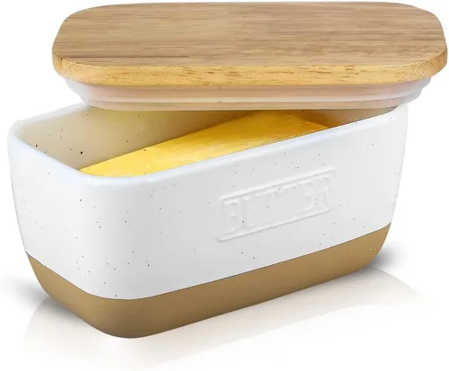 Vista 8 de HVH Mantequillera de cerámica con tapa para encimera, hermético con tapa de madera, soporte para mantequilla para mantequilla de la costa este