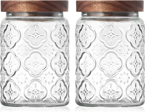 Vista 9 de Tarro de vidrio vintage con tapa de madera, recipientes herméticos de Navidad para encimera de cocina, baño, almacenamiento de dulces, galletas