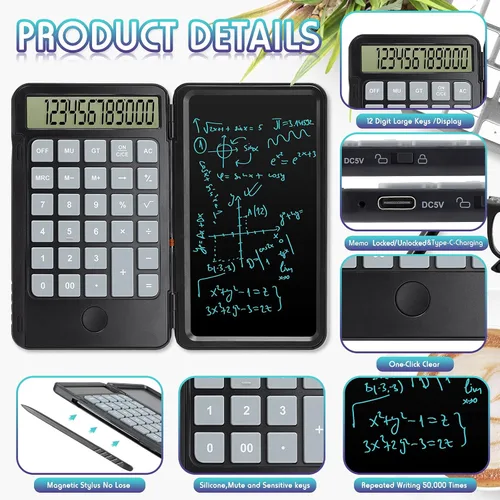 Vista 3 de Calculadoras Hion, Calculadora recargable de escritorio y de bolsillo con pantalla grande de 12 dígitos y tableta de escritura borrable