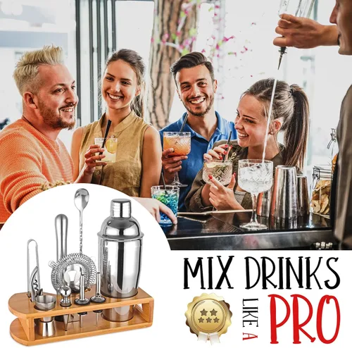 Vista 5 de Juego de coctelera de camarero: juego de herramientas de barra de 12 piezas con soporte de bambú Juego de bar con todos los accesorios prácticos