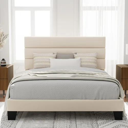 Vista 13 de Allewie Base de cama de plataforma tamaño Queen con cabecera tapizada de terciopelo y soporte de listones de madera, base de colchón completa,