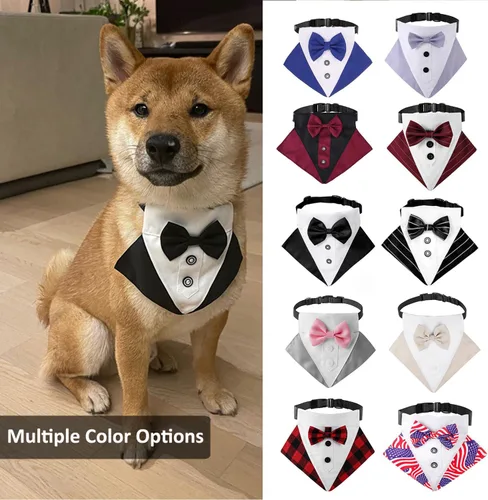 Vista 5 de HDKUW Esmoquin para perro, collar bandana de boda para perro con corbatín, disfraz formal de esmoquin ajustable para perros pequeños, medianos