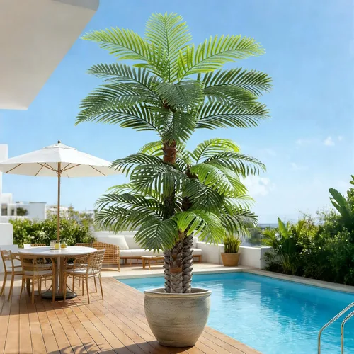 Vista 12 de Árbol artificial de caña dorada triple de 6 pies de altura, gran palmera tropical artificial en maceta, resistente a los rayos UV, planta falsa