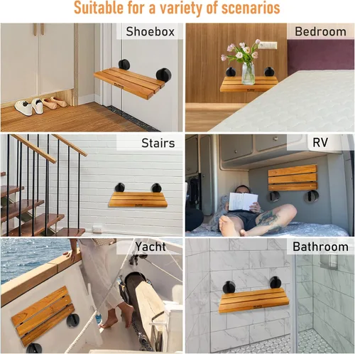 Vista 5 de Asiento de ducha plegable de teca de 20 pulgadas montado en la pared, banco de ducha plegable para espacio de ducha pequeño, taburete de madera