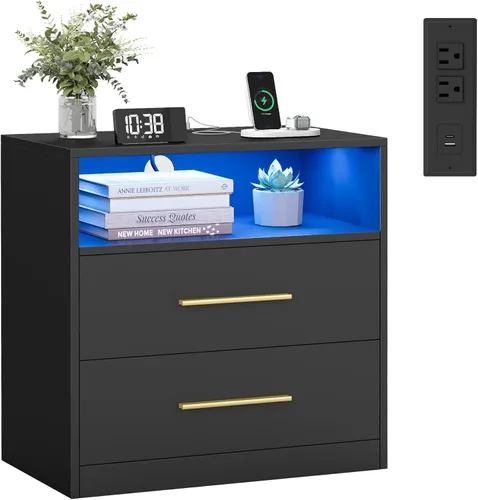 Vista 10 de VASAGLE Custos Collection - Mesita de noche de 23.6 pulgadas de ancho con estación de carga, luces LED, moderna mesita de noche, mesa auxiliar