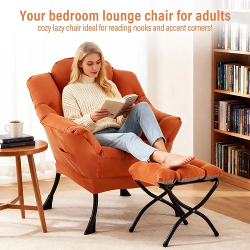 Vista 22 de Silla Lazy con otomana, silla moderna con reposapiés plegable, silla de acento de salón, cómoda silla de lectura para dormitorio, estudio, sala