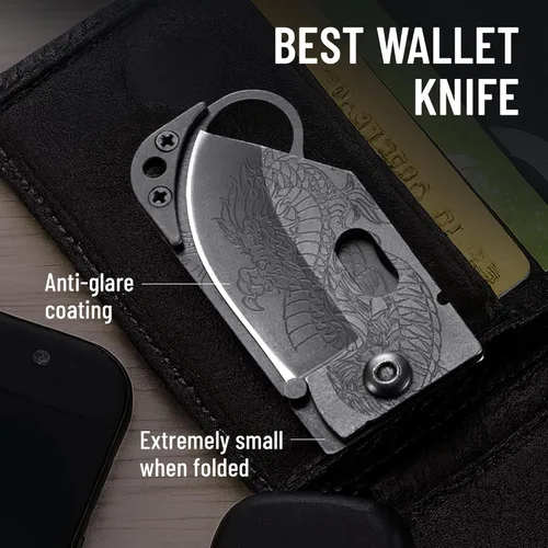 Vista 4 de Cuchillo de bolsillo Grand Way - 6 cm de hoja plegable afilada con clip para dinero - Cuchillo pequeño único con hoja de dragón grabada - Soporte