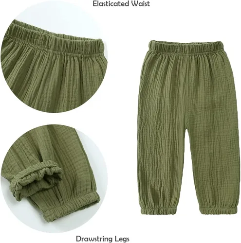 Vista 6 de GFQLONG Pantalones harén de algodón y lino de color liso para niño y niña, para verano, otoño