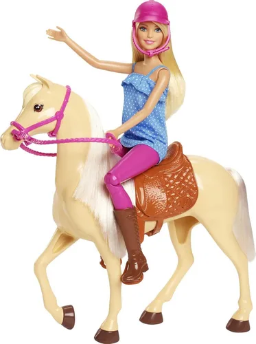 Vista 5 de Barbie Playset con muñeca rubia de moda en atuendo de montar y caballo castaño claro con silla, brida y riendas (exclusivo de Amazon)