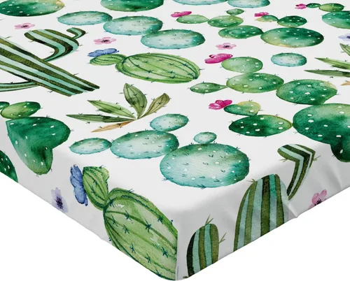 Vista 4 de Ambesonne Sábana bajera verde, estampado de dibujos animados de plantas mexicanas de cactus de Texas con estampado de dibujos animados, funda