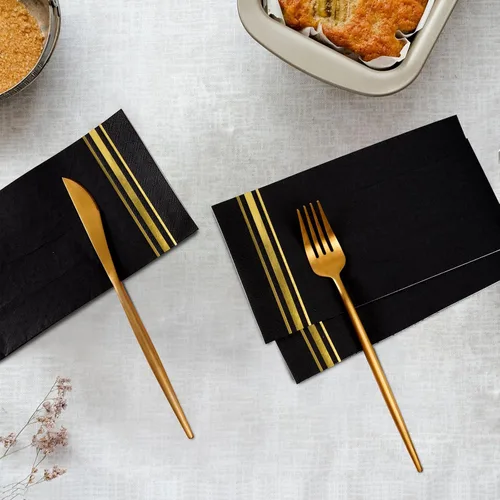 Vista 5 de 200 Servilletas de Papel con Ribete Dorado Negras Elegantes Servilletas de Cena, Servilletas de Invitados de 3 Capas con Papel Dorado Desechables