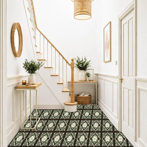Vista 7 de IVN 10 azulejos de suelo de 12 x 12 pulgadas con patrón de crema botánica oscura para despegar y pegar, calcomanías de vinilo autoadhesivas