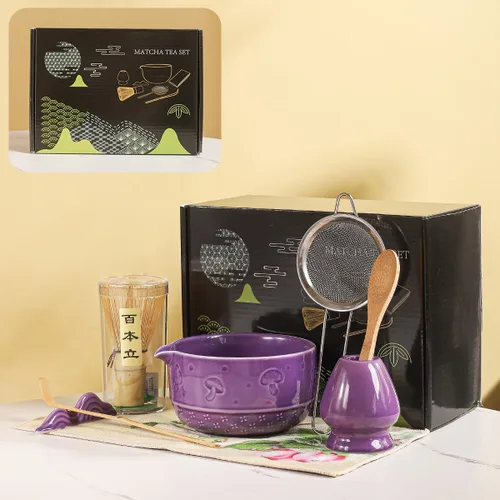 Vista 10 de Juego de matcha, 8 piezas de cerámica Matcha Bowl & Whisk Kit con patrón de setas, Chawan japonés tradicional, Persecución de bambú, cuchara y Verde