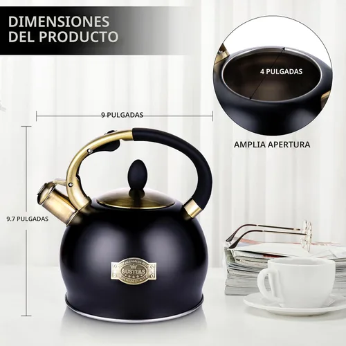 Vista 6 de SUSTEAS Tetera Silbante para Estufa - Tetera de Té de Acero Inoxidable Grado Alimenticio con Mango Ergonómico de Toque Frío, Con 1 Guante de Negro