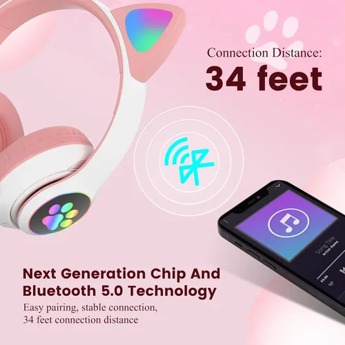 Vista 5 de Auriculares para niños para la escuela, auriculares inalámbricos Bluetooth con micrófono, auriculares de oreja de gato para niñas y niños