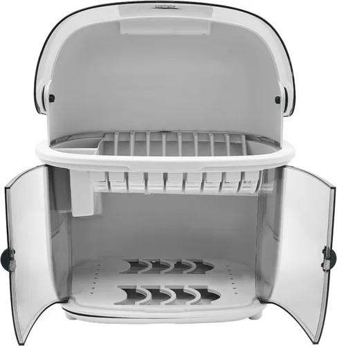 Vista 2 de Escurridor de platos de plástico, escurridor de platos de 2 niveles para encimera de cocina, estante de secado de platos de cocina con drenaje, tapa