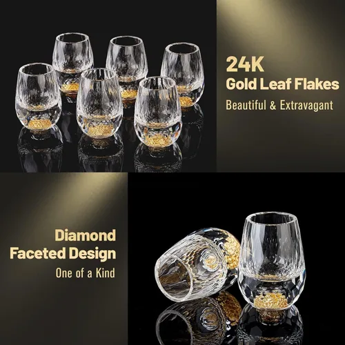Vista 3 de DUJUST Vasos de chupito de diamante (1.5 onzas), juego de chupitos de cristal decorado con copos de hoja de oro de 24 quilates, vasos de chupito