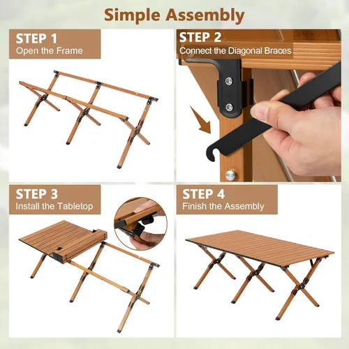 Vista 7 de COSTWAY Mesa de picnic plegable, mesa de campamento de aluminio enrollable con veta de madera, mesa de playa portátil de baja altura con bolsa