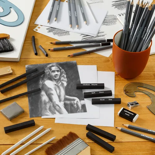 Vista 8 de Kit de dibujo de 60 piezas Lápices de dibujo de grafito para bocetos con suministros de arte de carbón Juego de dibujo profesional para artistas