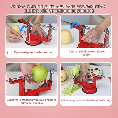 Vista 7 de Pelador de manzanas, cortador de patatas 3 en 1, acero inoxidable resistente con base de ventosa (azul)