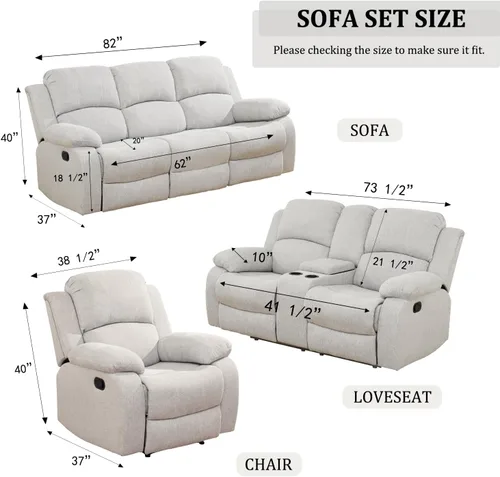 Vista 82 de Juego de sofá reclinable para sala de estar, juego de muebles de 2 piezas, sofá reclinable de 3 asientos y sofá biplaza con portavasos y consola