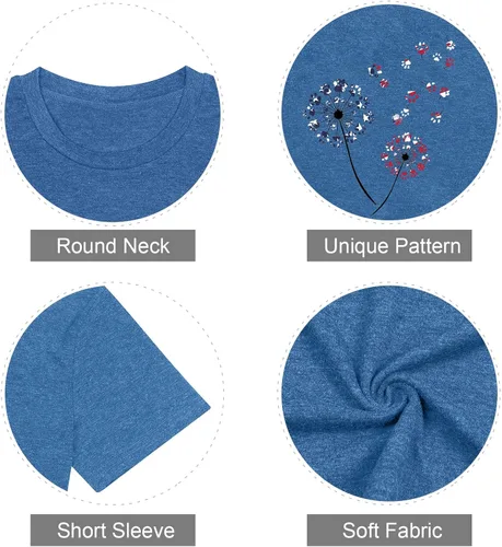 Vista 4 de Camiseta de verano para mujer, talla grande, con diente de león, manga corta, cuello redondo, holgada, casual