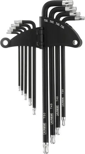 ARES 70257 - Juego de llaves en L Torx de extremo de bola extra largo - Juego de 9 piezas incluye tamaños T10-T50 - Revestimiento negro texturizado