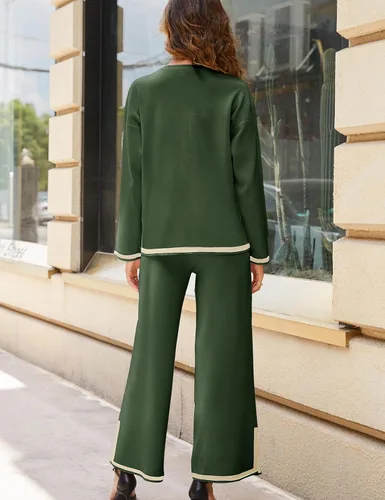 Vista 6 de Tanming Conjuntos de 2 piezas para mujer, suéter de punto de manga larga, pantalones de pierna ancha, conjuntos de ropa deportiva