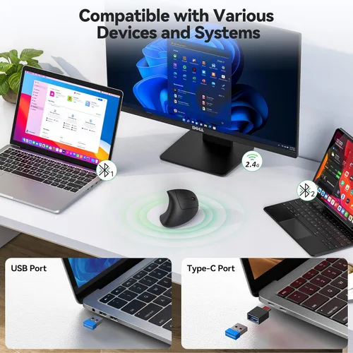 Vista 2 de TECKNET Jiggler Ratón ergonómico, mouse vertical inalámbrico Bluetooth de 4800 DPI con 6 niveles de DPI ajustables, 2.4 GHz (USB A y C), mouse